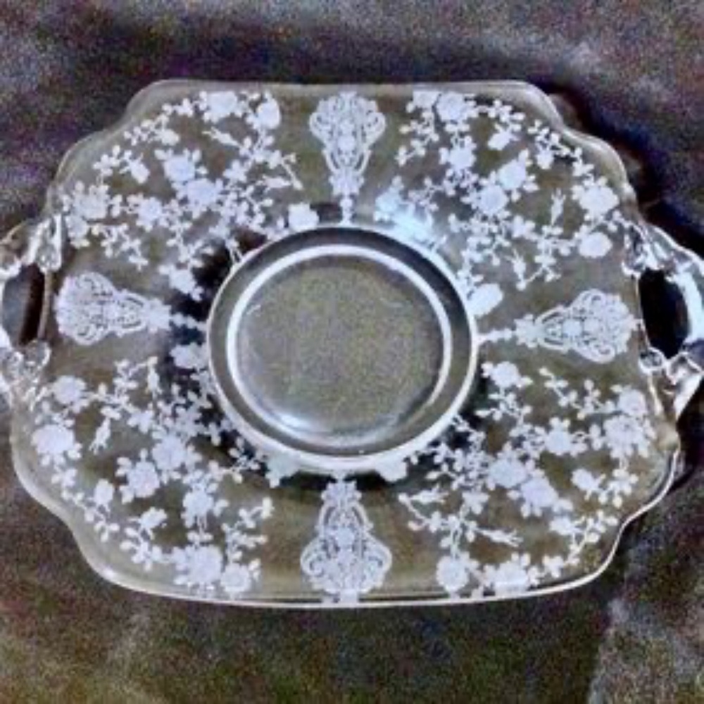 Vintage Cambridge Rose Point Etched Crystal Small Two Handle Tray